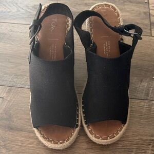Toms Black Canvas Espadrille Wedge Sandals with Ankle Strap